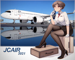  2021 airbus airbus_a320 aircraft airplane airplane_wing airport bad_id bad_pixiv_id black_footwear black_pantyhose black_skirt breasts chromatic_aberration female flight_attendant gloves hair_behind_ear hair_bun high_heels highres jet_bridge landing_gear legs medium_breasts original pantyhose pencil_skirt red_eyes reflection senjouhara_nira shirt shirt_tucked_in single_hair_bun sitting skirt solo suitcase sweatdrop travel_attendant turbine vehicle_focus white_gloves white_shirt 