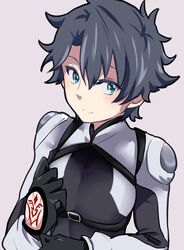  1boy adjusting_clothes adjusting_gloves black_hair blue_eyes blush bodysuit command_spell commentary_request fate/grand_order fate_(series) fujimaru_ritsuka_(male) fujimaru_ritsuka_(male)_(chaldea_combat_uniform) gloves male_focus mitsu_(nonoko05) official_alternate_costume solo upper_body 