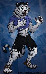  after_transformation angry anthro black_body black_bottomwear black_clothing black_fur black_shorts black_stripes blue_background blue_clothing blue_eyes blue_shirt blue_topwear bottomwear claws clothing ears_back fangs felid footwear fur hi_res humanoid jakkal male mammal open_mouth pantherine pawpads paws pivoted_ears pupils shirt shoes shorts simple_background snarling solo species_transformation stripes teeth tiger topwear torn_bottomwear torn_clothing torn_shirt torn_shoes torn_shorts torn_topwear transformation were werefelid werepantherine weretiger white_body white_fur 