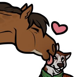  1:1 2022 a-pony alpha_channel ambiguous_gender brown_body brown_hair brown_mane canid canine canis closed_eyes digital_media_(artwork) dolero domestic_dog duo equid equine feral hair heart_symbol horse licking licking_another looking_at_another mammal mane multicolored_body simple_background tongue tongue_out two_tone_body 