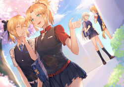  4girls absurdres ahoge armband artoria_pendragon_(fate) bag bag_charm blonde_hair charm_(object) cherry_blossoms cherry_tree closed_eyes crossed_arms dutch_angle fate/apocrypha fate/grand_order fate/unlimited_codes fate_(series) green_eyes hand_to_own_mouth highres jeanne_d&#039;arc_alter_(avenger)_(fate) jeanne_d&#039;arc_alter_(fate) long_braid mordred_(fate) mordred_(fate/apocrypha) multiple_girls multiple_views necktie open_mouth outdoors red_shirt saber_lily school_bag school_uniform shirt short_hair sweatdrop teeth tree vest yellow_eyes yorukun 