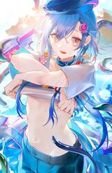  1boy arknights blue_hair blue_headwear clothes_lift highres jellyfish_hair_ornament long_hair looking_at_viewer mizuki_(arknights) mizuki_(summer_feast)_(arknights) navel otoko_no_ko pink_eyes sainome_(imveryfinethx) shirt_lift short_sleeves solo 