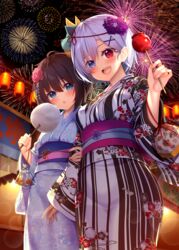  2girls aerial_fireworks bag bagged_fish black_hair blue_eyes blurry blurry_background blush candy_apple commentary_request cotton_candy festival fireworks fish flower food goldfish hair_between_eyes hair_flower hair_ornament hatachi heterochromia highres japanese_clothes kimono looking_at_viewer mask mask_on_head multiple_girls obi open_mouth original outdoors purple_hair sash short_hair yukata 