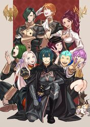  4girls 5boys bernadetta_von_varley black_footwear black_hair blue_hair boots braid byleth_(fire_emblem) byleth_(male)_(fire_emblem) calico cape caspar_von_bergliez commentary_request dorothea_arnault edelgard_von_hresvelg epaulettes feline ferdinand_von_aegir fire_emblem fire_emblem:_three_houses garreg_mach_monastery_uniform green_hair hair_over_one_eye hair_ribbon highres hubert_von_vestra knee_boots linhardt_von_hevring long_hair long_sleeves looking_at_viewer misica multiple_boys multiple_girls open_mouth orange_hair pantyhose petra_macneary purple_eyes purple_hair red_cape ribbon short_hair sleepy smile uniform white_hair yawning 