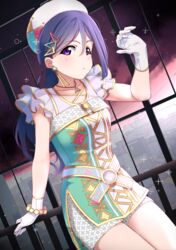  ajapar amazing_travel_dna blue_hair blush bracelet collarbone commentary_request dress earrings female gloves hair_ornament hat highres jewelry legs legs_together long_hair love_live! love_live!_school_idol_festival love_live!_sunshine!! matsuura_kanan multicolored_clothes multicolored_dress necklace outstretched_arm ponytail purple_eyes shorts shorts_under_dress solo sparks triangle triangle_hair_ornament white_gloves 