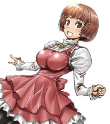  alternate_breast_size amania_orz blush breasts brown_eyes brown_hair dress female gundam large_breasts long_sleeves looking_at_viewer open_mouth pantyhose short_hair simple_background smile sochie_heim solo turn_a_gundam white_background 