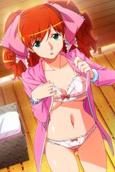  :o asahina_yurina bead_bracelet beads bow bow_bra bow_panties bra bracelet female green_eyes hair_ribbon jewelry long_hair long_sleeves looking_at_viewer navel non-web_source official_art orange_hair panties ribbon solo super_real_mahjong tanaka_ryou underwear 