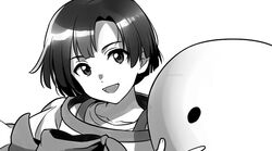  1boy :d amano_nagi bangs commentary_request costume grey_background greyscale looking_at_viewer male_focus monochrome open_mouth parted_bangs sayshownen shiny shiny_hair short_hair smile solo tenki_no_ko teruterubouzu twitter_username upper_body watermark 