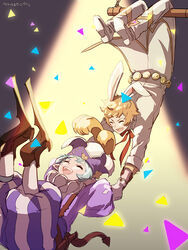  2boys animal_ears chabo213 circus clown commentary_request fake_animal_ears formal gran_(granblue_fantasy) granblue_fantasy harvin hat highres jester_cap male_focus multiple_boys photoshop_(medium) pointy_ears rabbit_ears sage_(granblue_fantasy) smile spotlight suit trapeze ulamnuran 