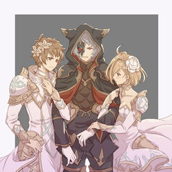  2boys animal_ears armor bisexual_male blonde_hair blue_hair brown_eyes chabo213 commentary_request djeeta_(granblue_fantasy) dress erune female flower glorybringer_(granblue_fantasy) gran_(granblue_fantasy) granblue_fantasy hair_flower hair_ornament hood locked_arms mask multiple_boys photoshop_(medium) seox_(granblue_fantasy) white_armor white_dress white_flower 