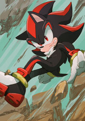  1boy animal_ears animal_nose bad_id bad_pixiv_id clenched_teeth furry furry_male gloves male_focus msg01 red_eyes rock shadow_the_hedgehog shoes solo sonic_(series) teeth white_gloves 