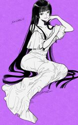  artist_name black_eyes black_hair blunt_bangs breasts cleavage collarbone copyright_name dress female frilled_sleeves frills hand_on_own_chin highres hime_cut holding_own_arm ichihara_yuuko large_breasts leaning long_dress long_hair looking_at_viewer off-shoulder_dress off_shoulder partially_colored purple_background purple_lips sakanomachico sidelocks simple_background smile solo very_long_hair xxxholic 