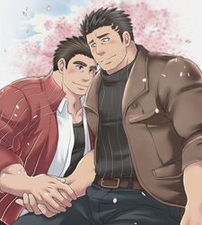  2boys alternate_costume bara beard belt black_pants black_sweater blush brown_belt bulge casual cherry_blossoms commission contemporary couple facial_hair holding_hands jacket leaning_on_person leather leather_jacket long_sideburns male_focus mature_male multiple_boys muscular muscular_male muted_color open_clothes open_jacket open_shirt pants pectorals petals protagonist_3_(housamo) second-party_source short_hair sideburns skeb_commission smile stubble sunfight0201 sweater tokyo_afterschool_summoners yaoi zabaniyya_(housamo) 