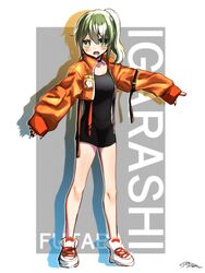  black_shirt breasts choker cleavage english_text female green_eyes green_hair high_ponytail highres igarashi_futaba_(shiromanta) jacket long_sleeves looking_at_viewer medium_hair memorytips oerba_yun_fang open_mouth orange_jacket senpai_ga_uzai_kouhai_no_hanashi shiromanta_(character) shirt shoes sleeves_past_wrists sneakers solo 