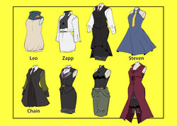  adapted_costume blue_dress bow bowtie chain_sumeragi clothes clothes_only commentary_request dress floating_clothes gilbert_f._altstein k.k._(kekkai_sensen) kekkai_sensen klaus_von_reinhertz leonardo_watch mutton_chops necktie no_humans pencil_skirt skirt sleeveless steven_a._starphase tank_top vest white_skirt yorutsuki_(sakurekichan) zap_renfro zed_o&#039;_brien 