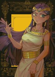  breasts commentary_request dark-skinned_female dark_skin earrings egyptian egyptian_clothes female gold highres isis_ishtar jewelry long_hair looking_at_viewer purple_hair solo very_long_hair wenle902 yu-gi-oh! yu-gi-oh!_duel_monsters 