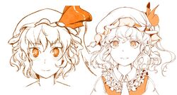  bow female flandre_scarlet frilled_shirt_collar frills hat hi_you_(flying_bear) looking_at_viewer medium_hair mob_cap monochrome one_side_up orange_theme revision ribbon short_hair simple_background smile touhou wavy_hair white_background 