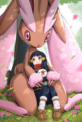  akari_(pokemon) alpha_pokemon ambiguous_gender anthro blue_eyes brown_body brown_fur closed_eyes female feral fur generation_4_pokemon generation_5_pokemon gonzarez1938 grass group hi_res human larger_anthro leaf lopunny mammal nintendo open_mouth open_smile oshawott pink_eyes plant pokemon pokemon_(species) pokemon_legends_arceus shiny_pokemon sitting size_difference smaller_human smile tree white_body white_skin 