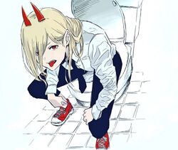  chainsaw_man fangs female fukuhara_tetsuya horns necktie pants power_(chainsaw_man) red_eyes red_horns shirt simple_background toilet tongue tongue_out 