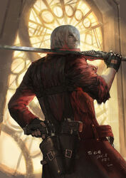  1boy closed_mouth coat commentary_request dante_(devil_may_cry) devil_may_cry_(series) devil_may_cry_3 et.m fingerless_gloves gloves gun handgun jacket looking_at_viewer male_focus photoshop_(medium) smile solo sword weapon white_hair 