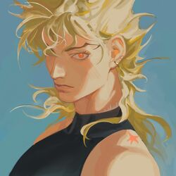  1boy ashva birthmark black_leotard blonde_hair blue_background closed_mouth commentary dio_brando earrings eyelashes highres jewelry joestar_birthmark jojo_no_kimyou_na_bouken leotard long_hair looking_at_viewer male_focus mole mole_on_ear muscular muscular_male orange_eyes pectorals simple_background solo stardust_crusaders upper_body 