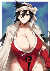  amputee bandaged_head bandages black_hair bleach breasts cleavage female holding holding_sword holding_weapon jacket jacket_on_shoulders large_breasts leotard long_hair orphen_(pink_seito) shiba_kuukaku sky solo sword tattoo twitter_username weapon 