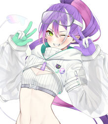  absurdres bandeau belt blush breasts buckle cleavage crop_top demon_girl demon_tail double_w earrings female gloves goggles goggles_on_head green_eyes green_gloves grey_belt grin heart heart_earrings highres hololive hooded_shrug jewelry long_hair long_sleeves looking_at_viewer melting_tail multicolored_hair navel official_alternate_costume one_eye_closed pink_hair pointy_ears puffy_long_sleeves puffy_sleeves purple_gloves purple_hair ribbed_bandeau see-through see-through_sleeves shrug_(clothing) small_breasts smile snap-fit_buckle stomach streaked_hair tail tokoyami_towa tokoyami_towa_(5th_costume) very_long_hair virtual_youtuber w white_bandeau white_gloves white_hair white_shrug white_tail yuya_(yuya_illust) 