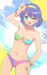  ;d arm_up ass_visible_through_thighs bare_shoulders bikini blue_eyes blue_hair blue_pupils blush bracelet breasts cleavage collarbone cowboy_shot female hairband highres index_finger_raised index_fingers_raised jewelry legs_apart looking_at_viewer medium_breasts multicolored_bikini multicolored_clothes multicolored_hairband multiple_bracelets navel one_eye_closed open_mouth rainbow_bikini rainbow_gradient rainbow_hairband shiroi_karasu short_hair smile solo standing strapless strapless_bikini swimsuit tenkyuu_chimata thighs touhou underboob v-shaped_eyebrows 