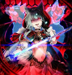  666 animal_ears black_bra black_choker black_gloves blunt_bangs bra breasts cape choker cowboy_shot demon_wings female finger_to_own_chin fingerless_gloves fingernails frilled_sleeves frills fur-trimmed_gloves fur_trim gloves glowing glowing_eyes grey_hair hair_over_shoulder hexagon holding holding_sword holding_weapon hood hood_up hooded_cape kureha_(sound_voltex) long_fingernails long_hair medium_breasts navel open_mouth pelvic_curtain red_cape red_eyes sanamisa short_sleeves slit_pupils solo sound_voltex sword teeth underboob underwear upper_teeth_only weapon white_sleeves wings 