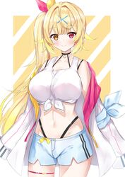  ahoge bare_shoulders blonde_hair blue_shorts blush breasts choker closed_mouth collarbone commentary_request cowboy_shot crop_top female front-tie_top hair_ornament hair_ribbon heterochromia highleg highres hoshikawa_sara hoshikawa_sara_(1st_costume) jacket large_breasts long_hair long_sleeves looking_at_viewer midriff navel nemun_(tamizzz) nijisanji off_shoulder open_clothes open_jacket orange_eyes red_eyes ribbon shirt short_shorts shorts side_ponytail sleeveless sleeveless_shirt sleeves_past_fingers sleeves_past_wrists smile solo stomach tank_top thigh_strap very_long_hair virtual_youtuber white_jacket white_tank_top x_hair_ornament 