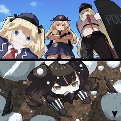  4girls :3 apu_spills_his_tendies_(meme) black_gloves black_hair blonde_hair blue_eyes blue_skirt blue_sky breasts brown_eyes chibi closed_mouth crossed_arms foam fp-6_(girls&#039;_frontline) gameplay_mechanics girls&#039;_frontline gloves green_hair hat highres horns large_breasts long_hair looking_at_viewer looking_down looking_up m870_(girls&#039;_frontline) mask meme multiple_girls multiple_views navel pants respirator sangvis_ferri scarecrow_(girls&#039;_frontline) short_twintails skirt sky smile super-shorty_(girls&#039;_frontline) tearing_up twintails variasii 