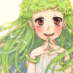  blush brown_eyes commentary dress earrings female green_hair jewelry kemushi_sama lif_(ragnarok_online) long_hair looking_at_viewer monster_girl open_mouth plant_girl plant_hair pointy_ears ragnarok_online simple_background sleeveless sleeveless_dress smile solo upper_body white_background white_dress 