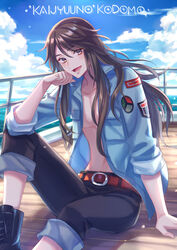  1boy :d anglade_(kaijuu_no_kodomo) arm_support belt bishounen black_footwear black_pants blue_jacket blue_sky boat boots brown_eyes brown_hair character_name clenched_hand cloud cloudy_sky collared_jacket commentary copyright_name cross-laced_footwear day hair_between_eyes highres jacket kaijuu_no_kodomo knee_up long_hair looking_at_viewer male_focus navel ocean open_clothes open_jacket open_mouth outdoors pants shadow sitting sky smile solo suzaku_(zaku6584) toned toned_male water watercraft 