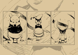  3boys absurdres alien bear bird commentary_request disney donald_duck donald_duck_sailor_hat duck hat highres kihou_otoko lilo_&amp;_stitch male_focus monochrome multiple_boys nihei_tsutomu_(parody) parody pooh sailor_hat serious smoke solid_oval_eyes standing stitch_(lilo_&amp;_stitch) style_parody triptych_(art) winnie_the_pooh 