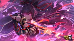  armor bare_shoulders benghuai_xueyuan bow closed_mouth copyright_name female flaming_sword flaming_weapon glowing glowing_eyes hair_ribbon hairbow highres hokushin_mei holding holding_sword holding_weapon honkai_(series) japanese_armor katana long_hair looking_at_viewer official_art ponytail purple_eyes purple_hair ribbon sarashi solo sword third-party_source weapon 