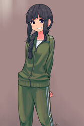  alternate_costume black_hair blunt_bangs braid commentary_request cowboy_shot female green_track_suit kantai_collection kitakami_(kancolle) long_hair protected_link purple_background purple_eyes shirt sidelocks simple_background smile solo tessaku_ro track_suit white_shirt 