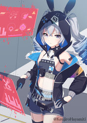  anger_vein angry artist_name barcode barcode_tattoo bare_shoulders belt black_gloves black_hood black_jacket black_shorts breasts bronya_zaychik bronya_zaychik_(haxxor_bunny) bullet closed_mouth commentary_request cowboy_shot drill_hair female gloves grey_eyes grey_hair hand_on_own_hip highres holographic_interface honkai_(series) honkai_impact_3rd hood indoors jacket kenjirohayamiti long_hair long_sleeves looking_at_viewer midriff navel shorts small_breasts solo stomach tattoo twin_drills 