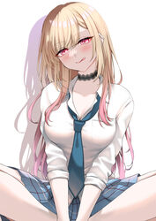  :q abe_hikaru absurdres barbell_piercing black_choker blonde_hair blue_necktie blue_skirt blush breast_pocket breasts choker cleavage collared_shirt commentary ear_piercing eyelashes feet_out_of_frame female gradient_hair head_tilt highres indian_style industrial_piercing kitagawa_marin long_hair looking_down loose_necktie medium_breasts multicolored_hair necktie partially_unbuttoned piercing pink_eyes pink_hair plaid pleated_skirt pocket school_uniform shadow shirt simple_background sitting skirt sleeves_rolled_up solo sono_bisque_doll_wa_koi_wo_suru swept_bangs tongue tongue_out two-tone_hair v_arms white_background white_shirt 