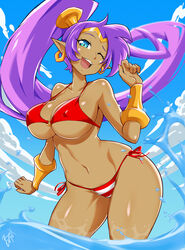  ;d alternate_costume bayeuxman bikini blue_eyes blue_sky breasts dark-skinned_female dark_skin day earrings female high_ponytail highres hoop_earrings jewelry large_breasts long_hair navel o-ring o-ring_bikini o-ring_top one_eye_closed open_mouth outdoors pointy_ears purple_hair red_bikini shantae shantae_(series) side-tie_bikini_bottom sky smile solo standing swimsuit variant_set very_long_hair 