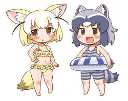  2girls :d animal_ear_fluff animal_ears arm_at_side barefoot bikini black_hair blonde_hair brown_eyes chestnut_mouth chibi commentary common_raccoon_(kemono_friends) extra_ears fennec_(kemono_friends) fox_ears fox_girl fox_tail full_body gerotan grey_hair hand_on_own_hip innertube kemono_friends looking_at_viewer medium_hair multicolored_hair multiple_girls navel oerba_yun_fang one-piece_swimsuit open_mouth parted_lips raccoon_ears raccoon_girl raccoon_tail simple_background skin_fang smile standing stomach swim_ring swimsuit tail two-tone_hair white_background white_hair 