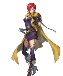  ahoge belt boots breasts brown_eyes cape closed_mouth dagger dress female fingerless_gloves fire_emblem fire_emblem:_the_blazing_blade fire_emblem_heroes gloves hair_over_one_eye high_heel_boots high_heels highres knee_boots knife leila_(fire_emblem) lips looking_at_viewer medium_breasts miniskirt mole mole_under_mouth official_art p-nekor red_hair short_dress short_hair short_sleeves skirt smile solo standing thighhighs transparent_background weapon 