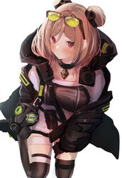  absurdres blush breasts buckle choker double_bun female gas_mask girls&#039;_frontline hair_bun highres light_brown_hair mask medium_breasts oreazu p90_(girls&#039;_frontline) red_eyes snap-fit_buckle thighhighs 