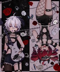  2girls :3 :d ahoge arm_up asymmetrical_gloves asymmetrical_legwear belt black_hair blush bracelet chain_necklace chains commentary crumpled_paper cuffs drill_hair english_commentary fangs fingerless_gloves fishnet_top fishnets flower flower_(vocaloid) flower_(vocaloid4) garter_straps gloves guitar handcuffs headphones headset highres holding holding_instrument holding_microphone ianxy2 instrument jewelry kasane_teto latex lock microphone microphone_stand mouth_hold multicolored_hair multiple_girls nail_polish necklace o-ring open_mouth padlock pantyhose pen pencil plectrum plectrum_in_mouth purple_eyes red_eyes red_flower red_hair red_rose rose rotational_symmetry safety_pin short_hair single_fishnet_legwear single_leg_pantyhose single_thighhigh smile spiked_thigh_strap thigh_strap thighhighs twin_drills two-tone_hair upside-down utau vocaloid waist_cutout white_hair wrist_belt 