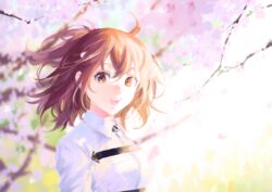  :d brown_eyes brown_hair chaldea_uniform cherry_blossoms collared_shirt commentary_request day fate/grand_order fate_(series) female floating_hair from_side fujimaru_ritsuka_(female) hair_between_eyes highres looking_at_viewer medium_hair one_side_up open_mouth outdoors shirt smile solo teeth uni_(nico02) upper_body upper_teeth_only 