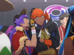  4boys aqua_eyes baseball_cap black_hoodie brown_headwear cape champion_uniform commentary_request dark-skinned_female dark-skinned_male dark_skin dynamax_band earrings facial_hair female fur_trim gloves hat hood hoodie jewelry kabu_(pokemon) leon_(pokemon) long_hair milo_(pokemon) multicolored_hair multiple_boys nessa_(pokemon) open_mouth orange_headwear pokemon pokemon_swsh purple_hair raihan_(pokemon) shirt single_glove sun_hat towel towel_around_neck two-tone_hair zukki_(suzukio) 