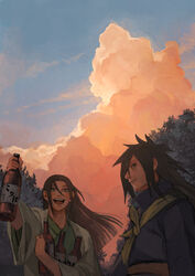  2boys black_eyes black_hair blush bottle brown_hair cloud evening holding holding_weapon japanese_clothes long_hair looking_at_viewer multiple_boys naruto naruto_(series) r3511 sake_bottle senju_hashirama sky smile spiked_hair tree uchiha_madara weapon 