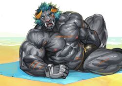  anthro big_muscles fangs hi_res horn krampus_(housamo) lifewonders looking_at_viewer male muscular muscular_anthro muscular_male nipples scar sharp_teeth solo teeth tokyo_afterschool_summoners traver009 vein veiny_muscles video_games 