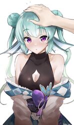  :o bare_shoulders breasts cleavage_cutout clothing_cutout double_bun english_commentary female finana_ryugu finana_ryugu_(2nd_costume) fins fish_girl green_hair hair_bun hand_on_another&#039;s_head head_fins headpat highres nijisanji nijisanji_en official_alternate_costume pov pov_hands purple_eyes simple_background small_breasts solo_focus tommy_(kingdukeee) twintails upper_body virtual_youtuber white_background 