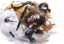  black_footwear black_gloves black_hair black_skirt black_thighhighs breasts colt_9mm_smg commentary_request female gas_mask girls&#039;_frontline glock gloves gun handgun heterochromia highres holding holding_gun holding_weapon id_card jacket knee_pads lanyard long_hair magazine_(weapon) mask miniskirt mishima_hiroji multicolored_hair noveske_space_invader open_clothes open_jacket panties red_eyes ro635_(girls&#039;_frontline) ro635_(mod3)_(girls&#039;_frontline) shell_casing skirt sleeveless sleeveless_sweater solo streaked_hair submachine_gun sweater thigh_strap thighhighs torn_clothes torn_jacket torn_skirt torn_sweater torn_thighhighs trigger_discipline underwear weapon white_background white_hair white_panties yellow_eyes yellow_jacket 