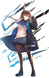  amiya_(arknights) animal_ears arknights ascot black_jacket blue_jacket brown_hair brown_pantyhose commentary_request female frilled_ascot frills full_body green_eyes hair_between_eyes highres hood hooded_jacket jacket jewelry kotoribako long_hair multicolored_clothes multicolored_jacket neck_ring open_clothes open_jacket pantyhose photoshop_(medium) pleated_skirt rabbit_ears ring sidelocks skirt solo two-tone_jacket 